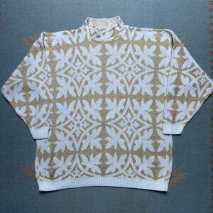 Vintage 80s knit sweater Rose acrylic lurex sparkle snowflake geometric women XL